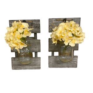Rustic Farmhouse Wood & Hydrangeas Hanging Wall Sconces Gray Set of 2 Home Decor
